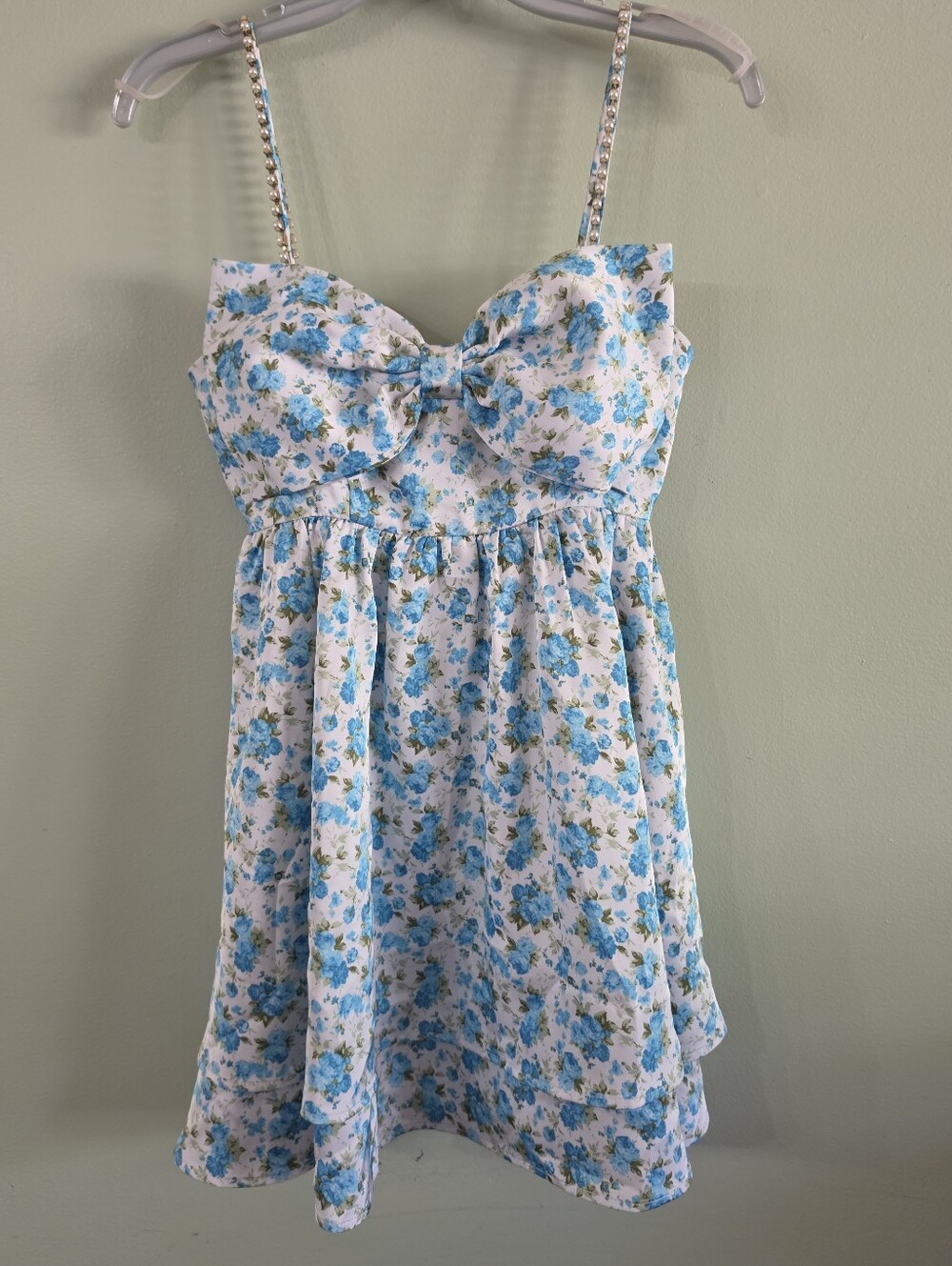 ✨ Altar'd State Stassy Pearl Strap Blue Floral Mini Dress 🦪 Size XS